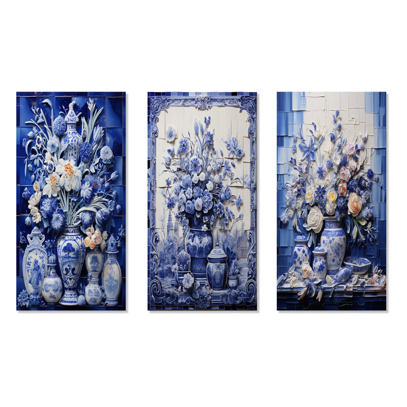 «Blue Boho Flower Pottery I - Boho Pottery», ensemble de 3 reproductions d'art mural, H 28 po x l 36 po, Toile tendue