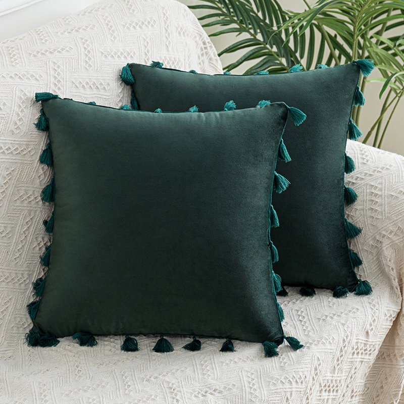 Ensemble de 2 coussins à pampilles en velours (insert inclus), Vert foncé