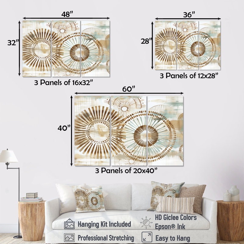 Ensemble de salon art mural beige boho bohémien mandala spirale I - Boho, H 28 po x l 36 po x P 1 po, Toile tendue