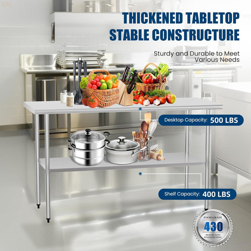 Table de préparation en acier inoxydable 24 po x 60 po en métal avec tablette réglable, table en acier inoxydable pour la cuisine commerciale, l'extérieur, le restaurant, l'hôtel et le garage