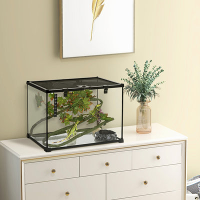 Enceinte en verre de reptile noir, 14 gallons avec couvercle coulissant pour l'alimentation, les lézards, les serpents, les grenouilles, les araignées terrarium - vue complète, ensemble de décoration, araignées sécuritaires,