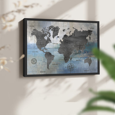 World Map Blue and Gray -Framed Print - Restickable