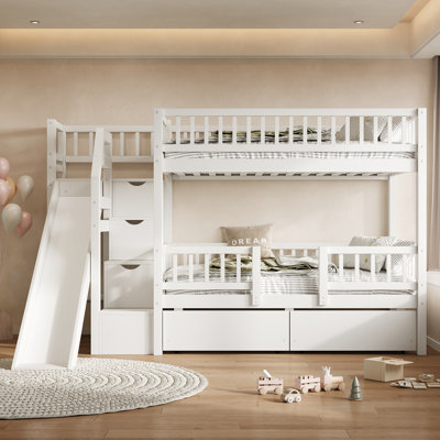 Twin Over Twin Bunk Bed With Slide And Storage Staircase