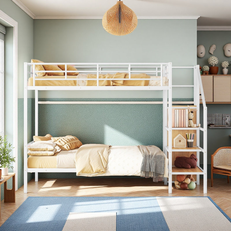 Lit superposé double en métal avec garde-robe, Blanc