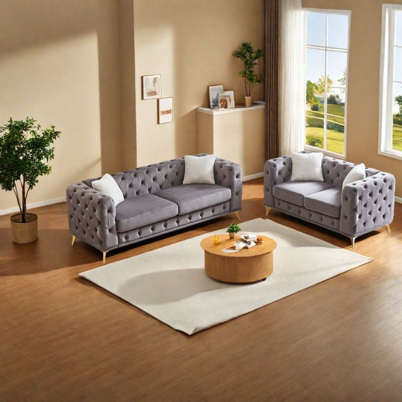 Ensemble de canapés à compression, meubles de salon modernes à cadre en bois de velours gris
