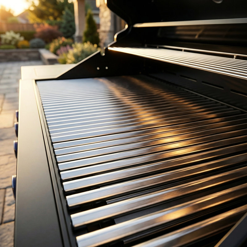 Cuisine extérieure avec barbecue en acier inoxydable 4 72000 de 46 pouces, comprenant un refroidisseur à vin, un ensemble, des comptoirs en granit noir et des lampes halogènes pour l'éclairage de la surface de cuisson.