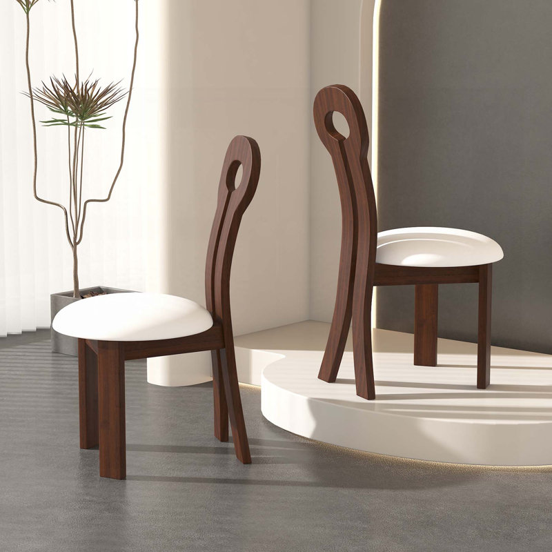 Ensemble de 2 chaises de salle à manger en noyer avec coussin en similicuir et coussin rond blanc pour une assise confortable