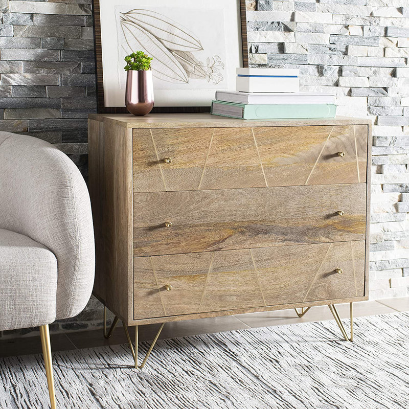 Stylish Marigold Nightstand – Vertical Solid Wood 3 Drawer Chest with Brass Accents & Modern Legs