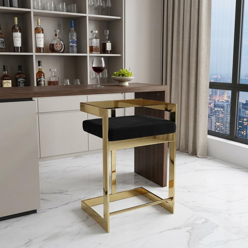 Chaise de bar 30 po en velours noir et doré et acier inoxydable
