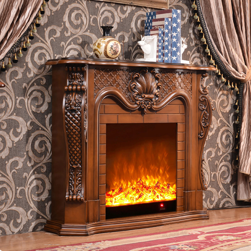 European-style luxury carved fireplace with solid wood, Brown, 40.16" H x 47.24" W x 12.99" D