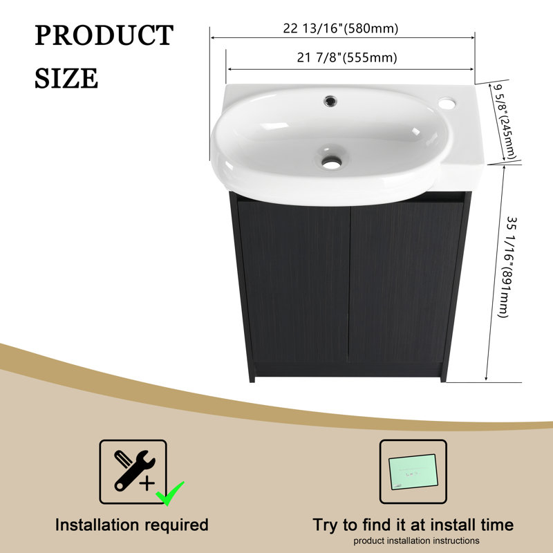 Meuble-lavabo sur pied simple 23 po avec comptoir en céramique, Noir, noir, noir, noir
