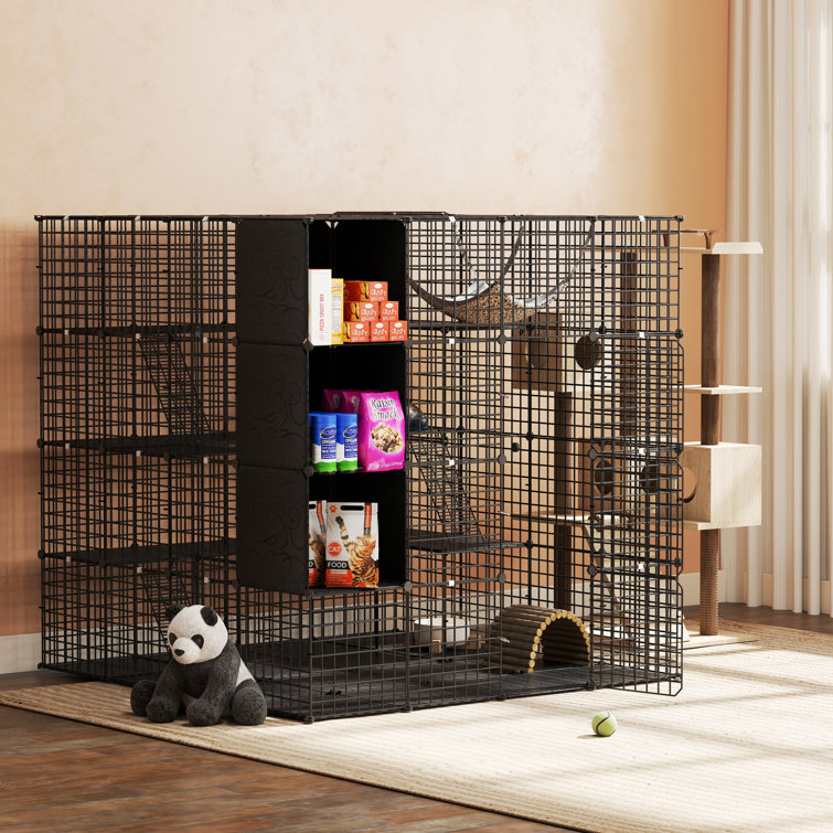 Balconera Large Cat Cage With Storage Cube DIY Indoor Catio Cat Enclosures Metal Cat Playpen With Large Hammock