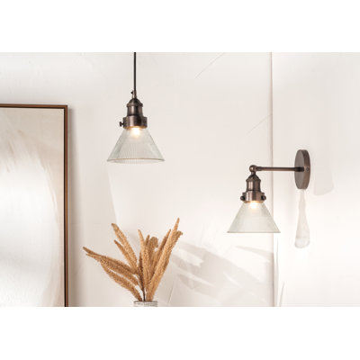 Conical Ribbed Glass with Antique Bronze Fitting Elec Pendant