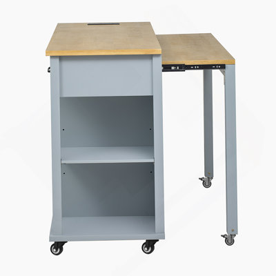 47 Inch Kitchen Island With Extendable Dining Table, Rubber Wood Veneer Kitchen Table With Internal Storage Rack, Power Outlet, Kitchen Island With St