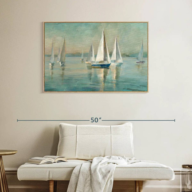 Voiliers au lever du soleil, Cadre flottant en bois naturel, 40 po x 27 po