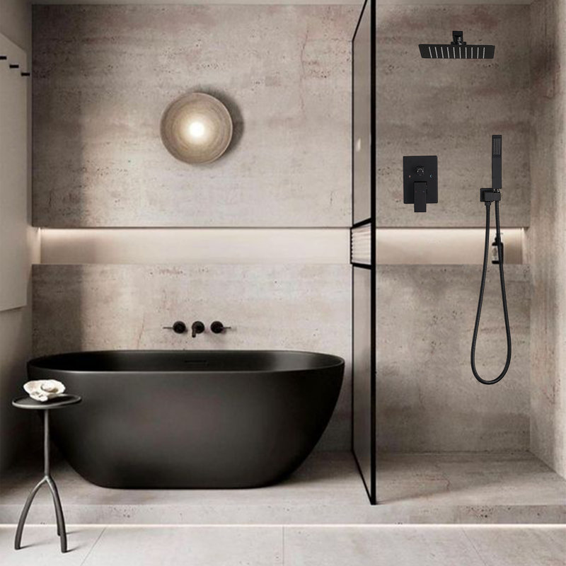 12 inch Bathroom Wall Mounted Rainfall Shower Head System with Faucet Rough-in Valve Body and Trim, Black