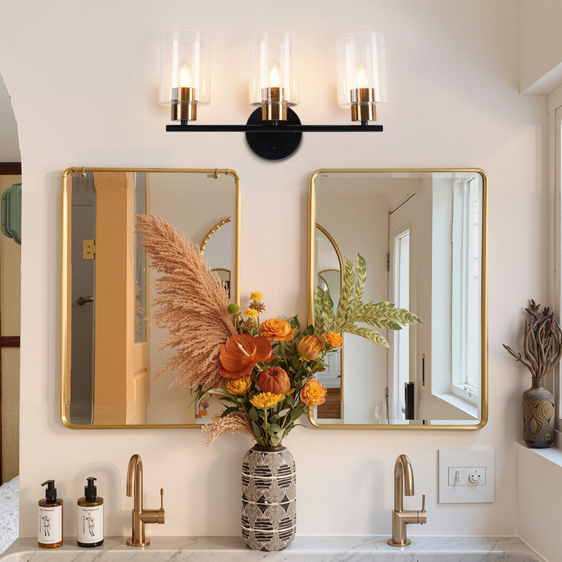 Moderne 17,7 po Applique murale 3 lumières noire et cuivre avec abat-jour en verre, style industriel pour miroir, sans ampoules incluses