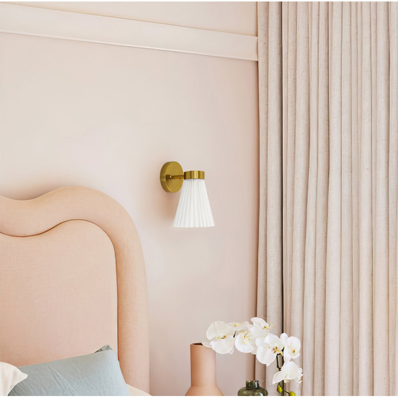 Amore 1-Light Wall Sconce Aged Brass with Pleated White Linen Shade Modern Wall Light, Brass, White