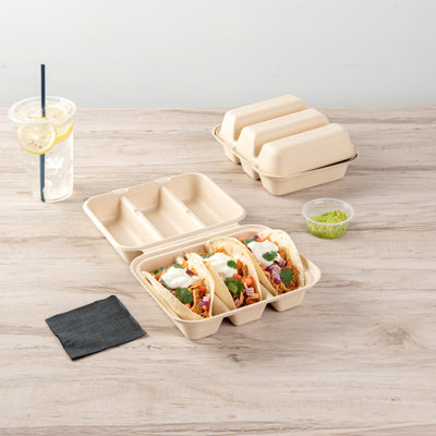 Restaurantware-Pulp Safe 8 x 7.2 x 3.5 Inch Taco Clamshell Containers, 100 No PFAS Added Taco Containers - Home Compostable, 3-Compartment, Kraft Bagasse Sugarcane Clamshell Containers, Microwavable