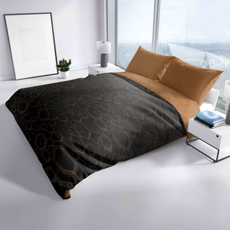 Black/Brown Cotton Bedding Set, 220 x 240cm - 2 cushions 80 x 80cm