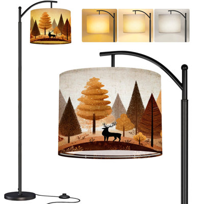  Arc Floor Lamp Orange yellow sunset coniferous forest Deer antlers posing hill Tall Modern Standing Lamp LED Adjustable Linen Lampshade 3 Color Temperatures