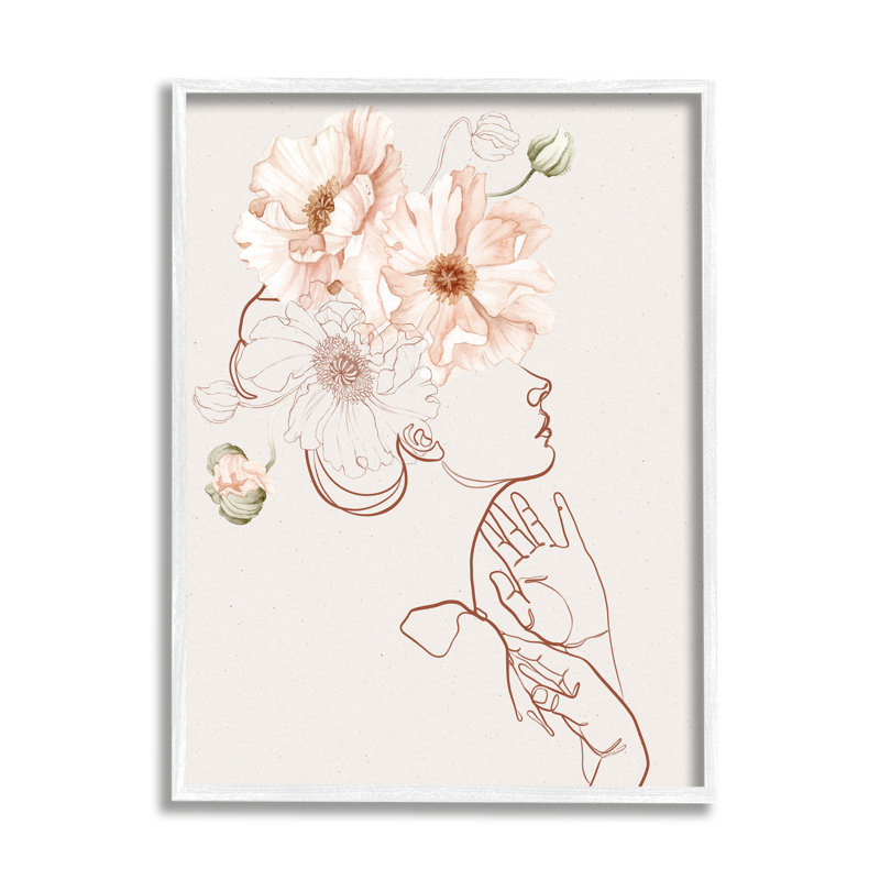 Silhouette de femme en fleurs roses, L 11 po x H 11 po, Cadre blanc