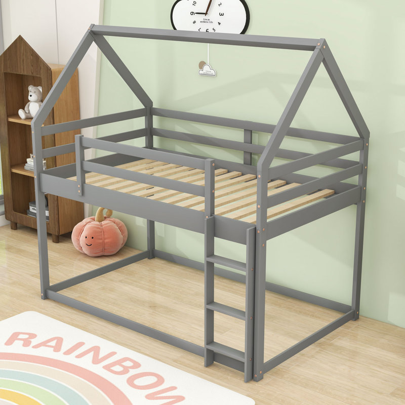 Twin Over Twin House Bunk Bed With Ladder, Gray