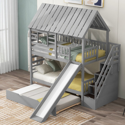 Twin over Twin House Bunk Bed with Trundle and Slide, Storage Staircase, Roof and Window Design