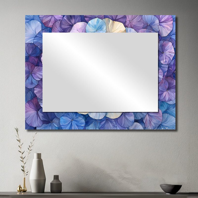 Hydrangea In Watercolor Mandella Of Purple Ink II - Floral Mirror Wall Decor - Printed On Metal, 30" x 40"