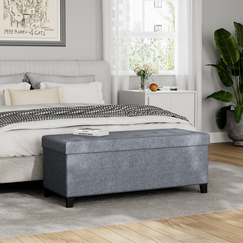 Upholstered Storage Bench with Solid Wood Legs, Gray
