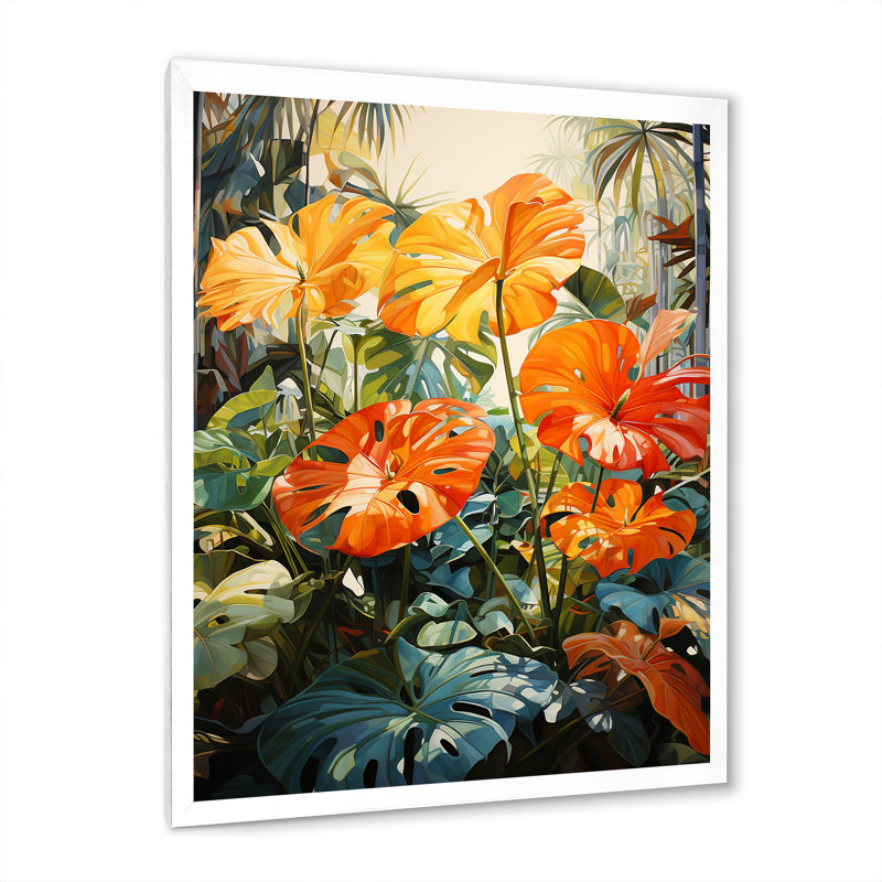 Feuillage tropical orange et vert IV, Cadre photo blanc, H 40 po x l 30 po x P 1,5 po