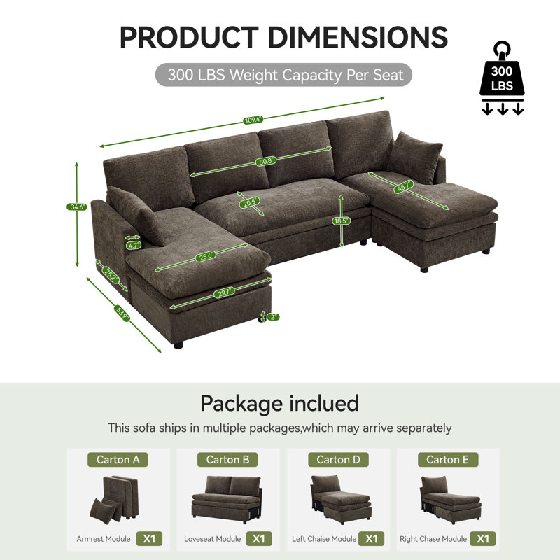  Canapé modulaire modulaire avec méridienne, Coussin double couche profond et confortable, Brown