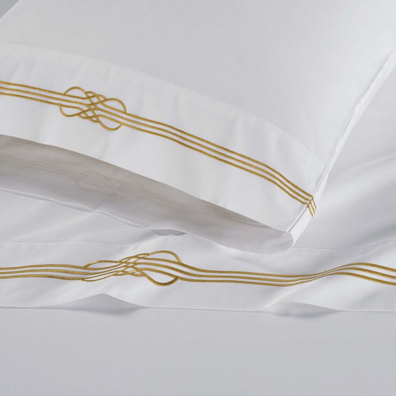 Ensemble de draps en coton brodé Moonlawn, Ensemble de draps pour lit double avec 2 taies d'o, White/Gold