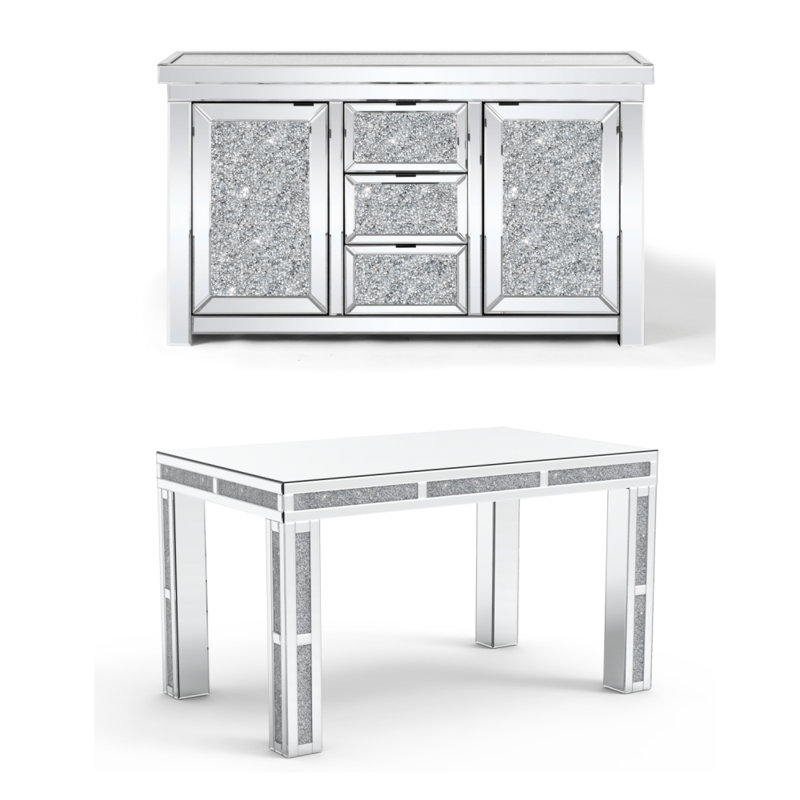 Ensemble de table de salle à manger en miroir et de buffet à 3 tiroirs
