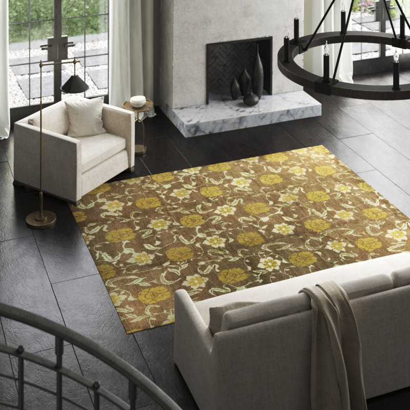Kuna Hand Woven Silk and Wool Floral Area Rug, Rectangle 10' x 14'