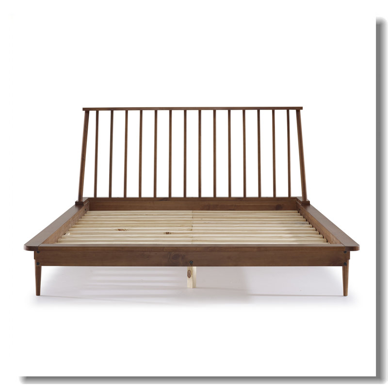 Structure de lit plateforme en bois massif de style Mid-Century avec tête de lit à broche