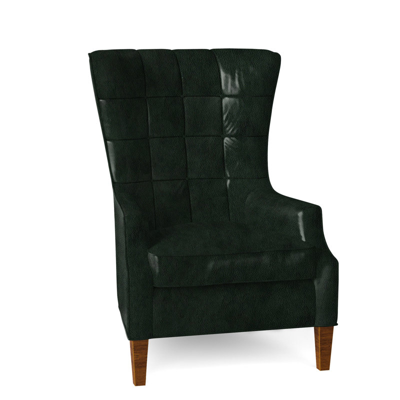 Fauteuil à oreilles Gallin en cuir véritable capitonné de 31 po de largeur, Pavées, Cuir véritable vert forêt d'Anilina