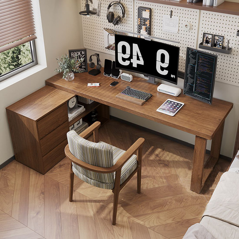Bureau en coin en coin avec bibliothèque en bois massif en forme de L, Retour à droite, H 29,13 po x l 62,99 po x P 23,62 po