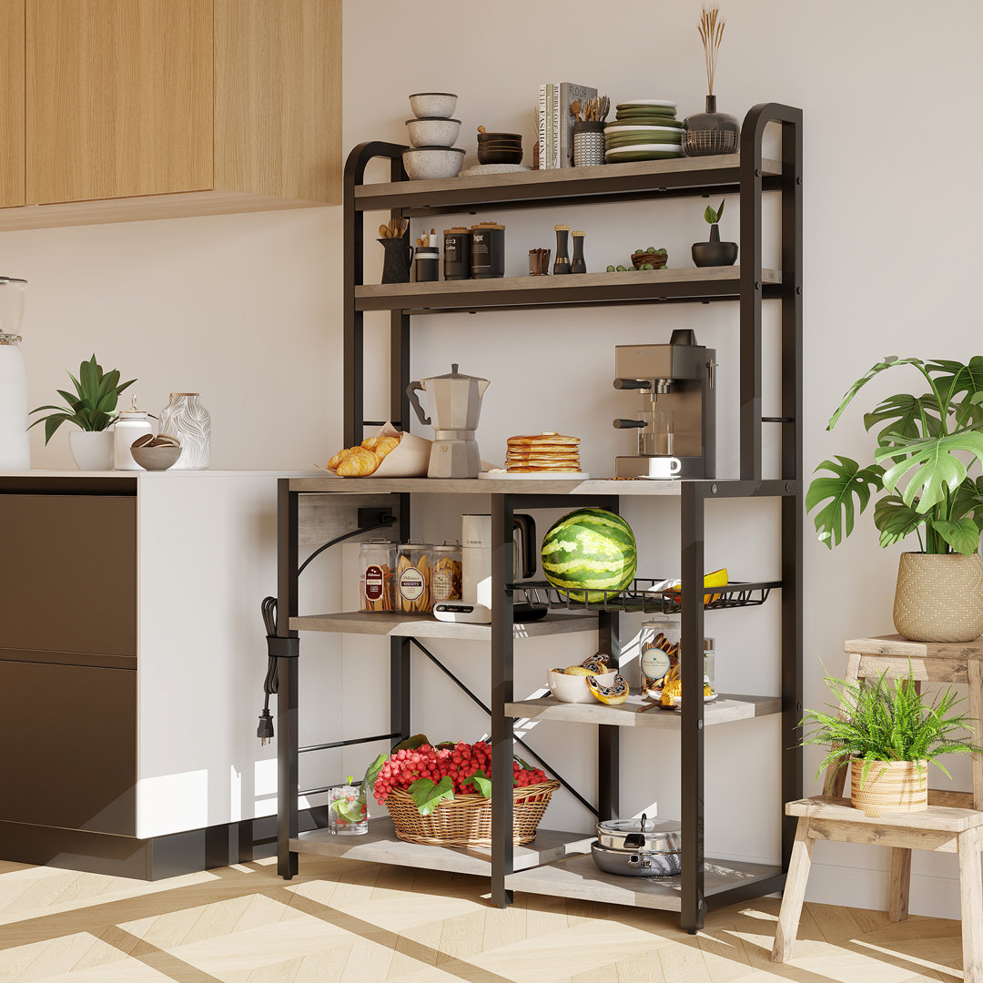 5-Tier Bakers Rack with Wire Basket, Microwave Stand with Built-in Power Outlets, Coffee Bar Station, and Open Kitchen Shelving for Spices, Dishes and
