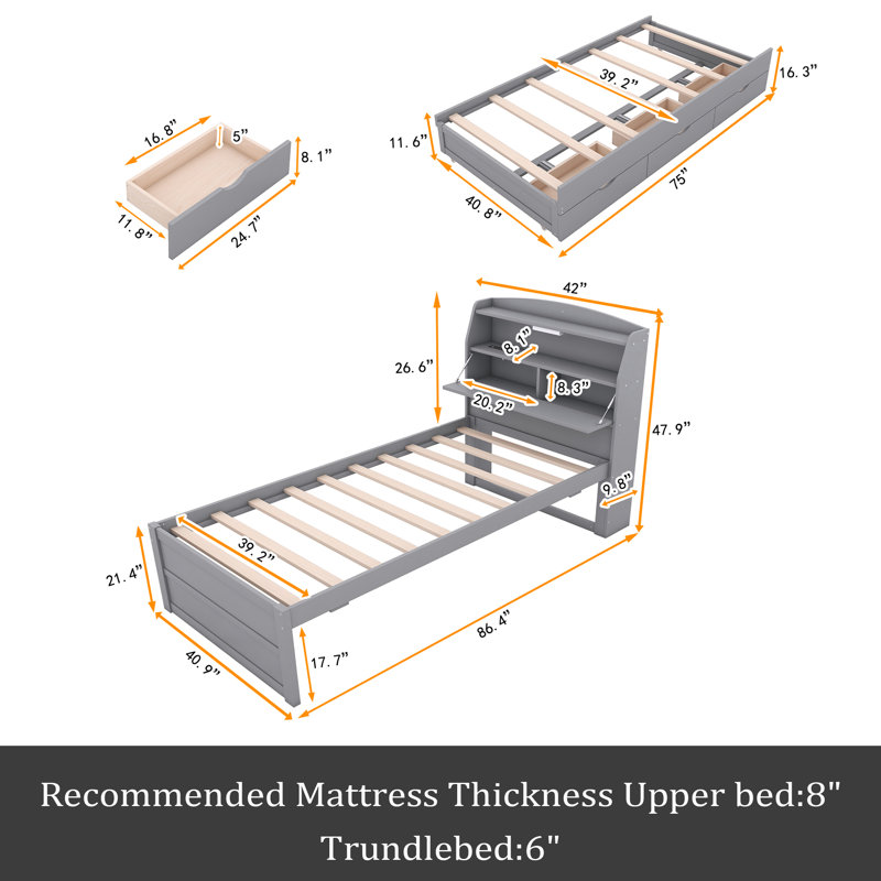 Wooden LED Platform Bed With Trundle, With Storage Headboard, With Drawers, Gray, Twin