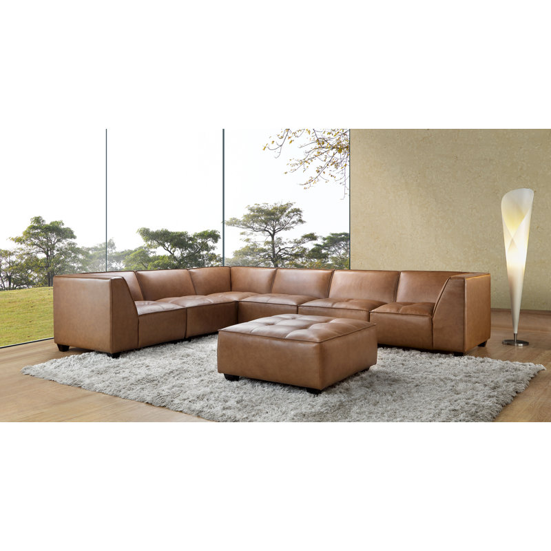 Fawaz 136" Wide Leather Match Left Hand Facing Modular Corner Sectional with Ottoman, Camel