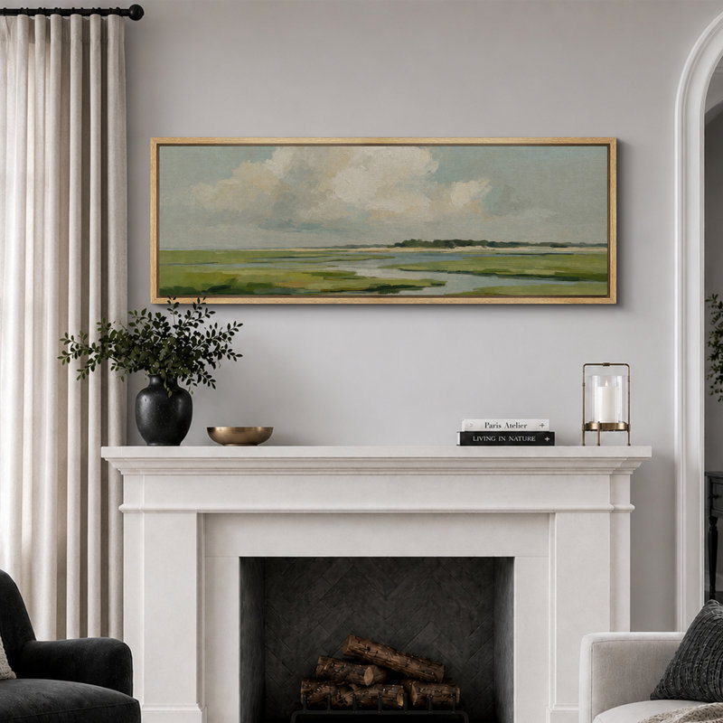 «Green Marshland Cloud», art de paysage, images de salon, estampe numérique sur toile encadrée, 3 pièces, Natural Frame