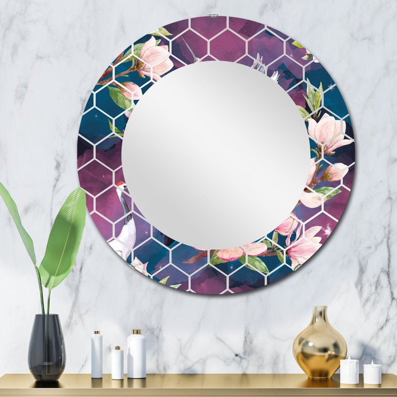 Crane Brds On Blossoming Pink Flowers - Miroir mural traditionnel, 32 po x 32 po