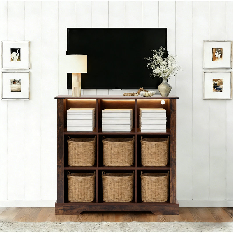 9-Cube LED Bookshelf - Mid-Century Modern Wood Storage Shelf for Bedroom, Living Room & Office, Brown