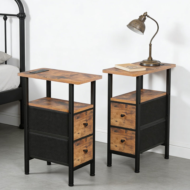 Table de chevet mince avec station de charge, table de bout étroite avec tiroirs en tissu et rangement pour petits espaces, salon, chambre à coucher ou canapé