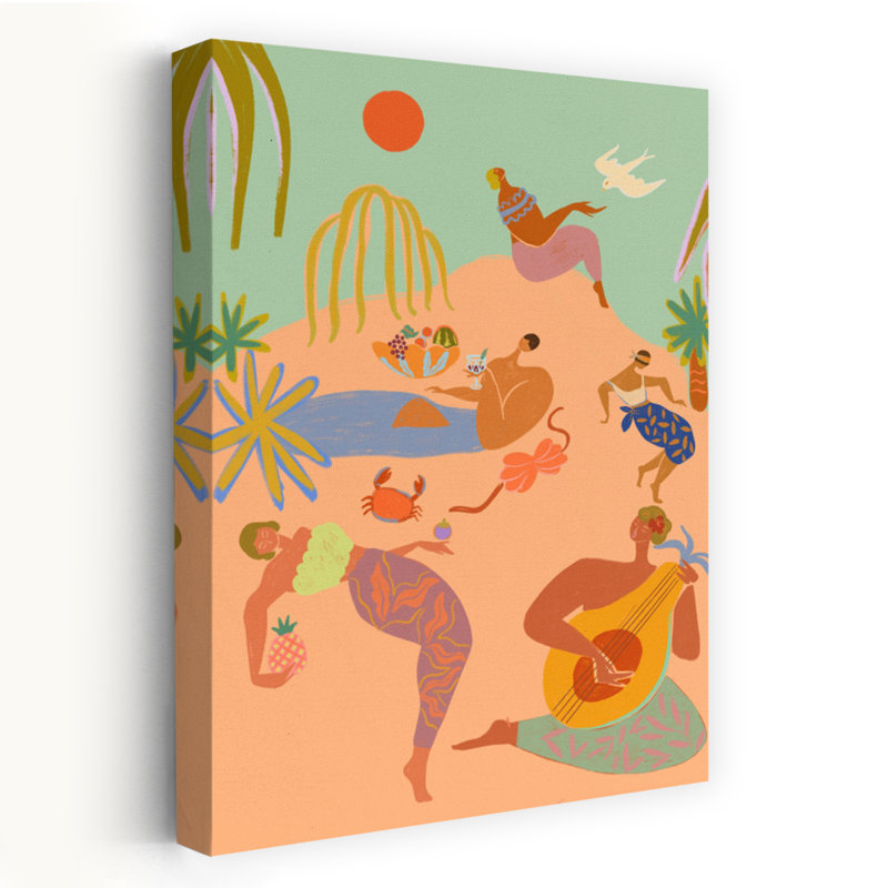 Vacation Colorful Abstract Palm Tree Bird Crab Coastal Wall Art Print, 60.96cm H x 40.64cm W