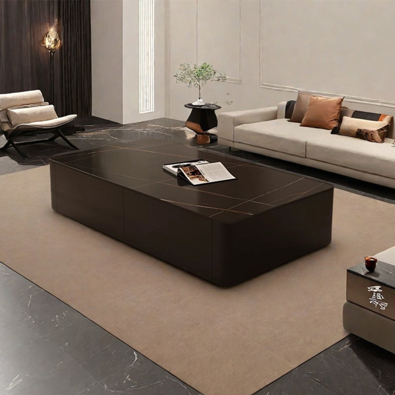Simple square rock plate coffee table, Black, 13.8" H x 51.2" L x 27.6" W