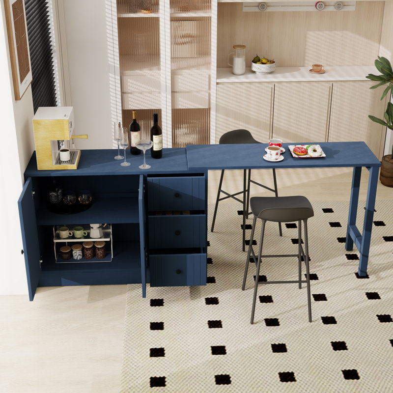 Îlot de cuisine avec table de salle à manger extensible 3 tiroirs et armoire 2 portes pour la cuisine, Marine