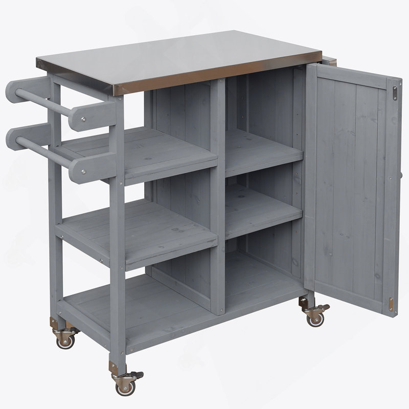 Foldable Outdoor Kitchen Island With Lockable Wheels, Storage Cabinet, And Towel Rack For Patio And Outdoor Use, Grey, Gray