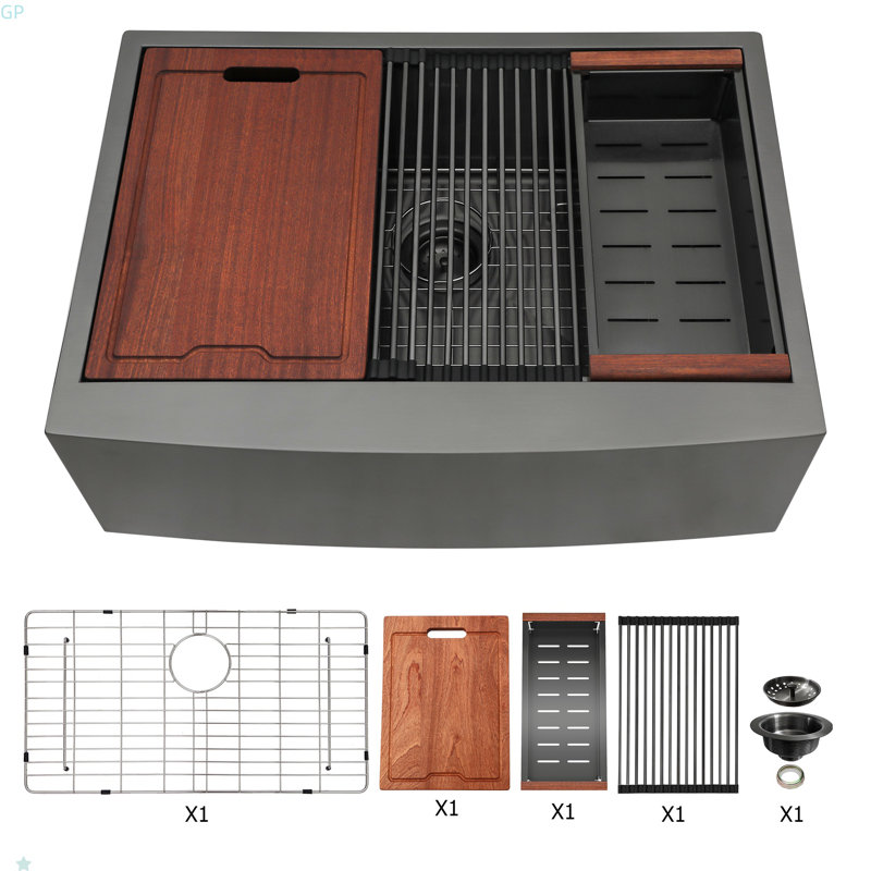 33 Black Farmhouse Sink Workstation - 33 Inch Kitchen Sink Gunmetal Black Stainless Steel 16 Gauge Apron Front Kitchen Sink